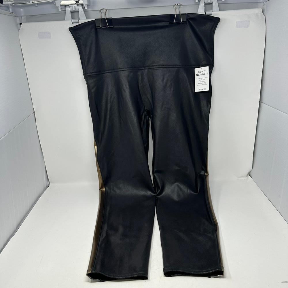 Spanx Leggings Women 2X Black Faux Leather Side Stripe Metallic High Rise 2520